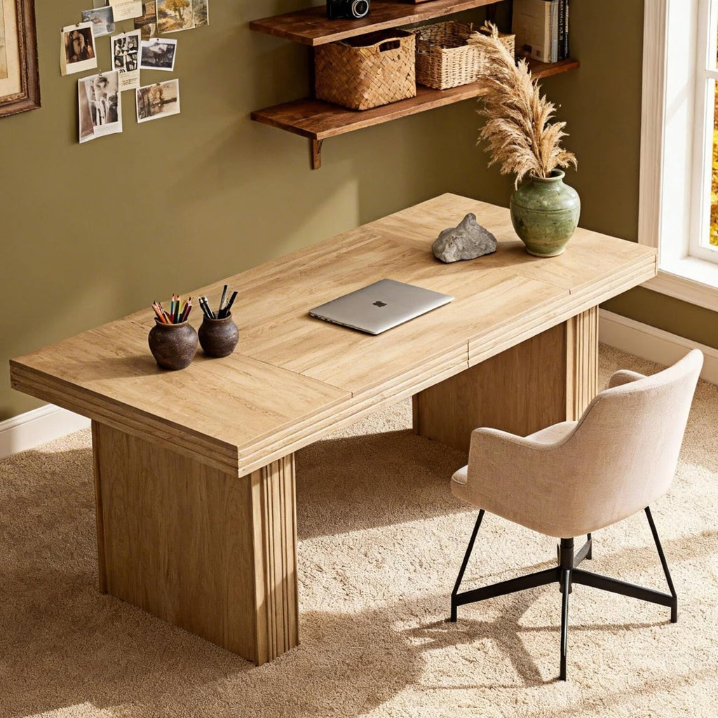Modern Office Desk, Home Office Table with Wide Fluted Legs, Modern Desk for Home Office, Natural