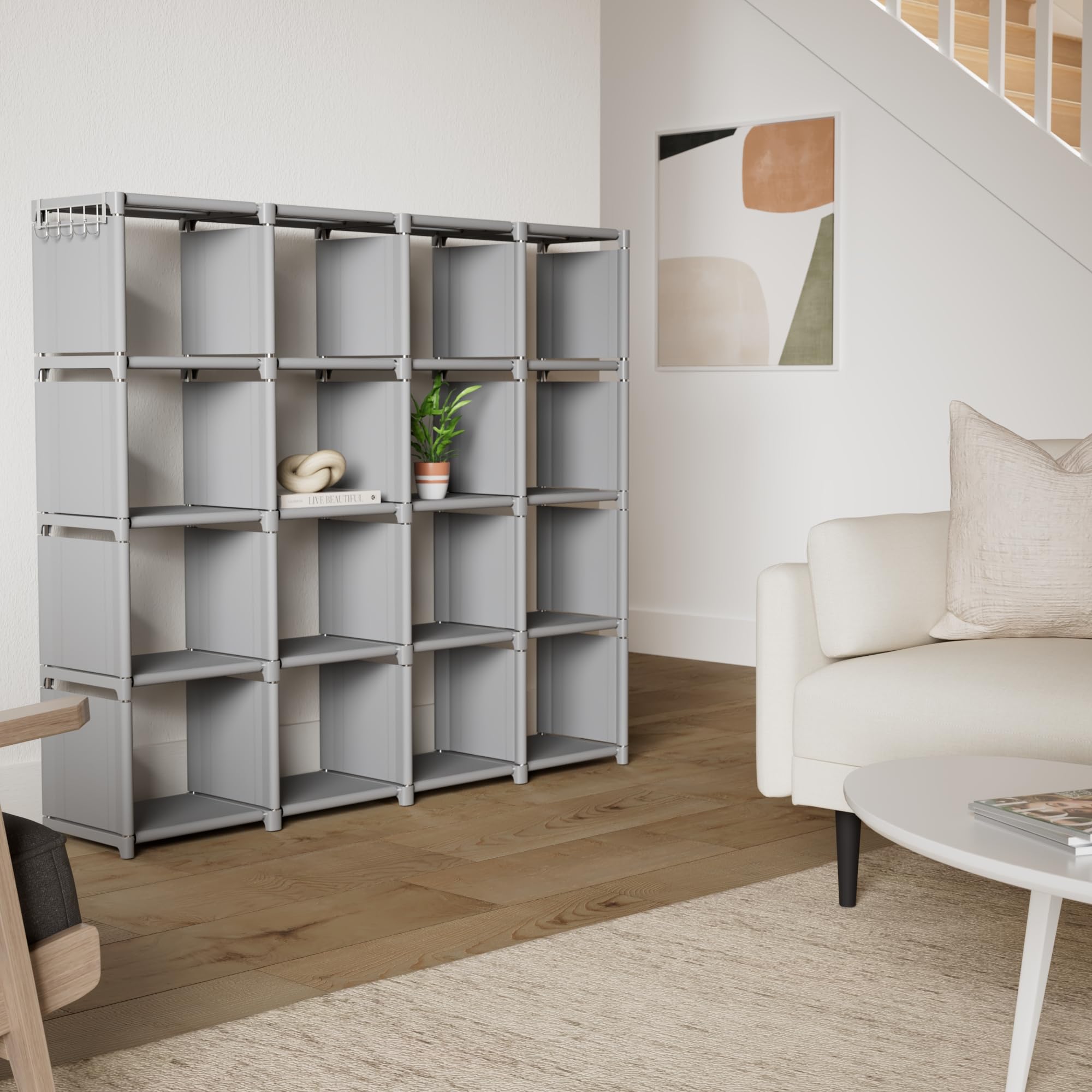 Book Shelf, 16 Cube Storage Organizer, DIY Bookcase, Metal Cube Bookshelf,Tall Book case for Bedroom, Living Room,Office,Closet Storage Organizer, Grey Cubicle Storage Rack
