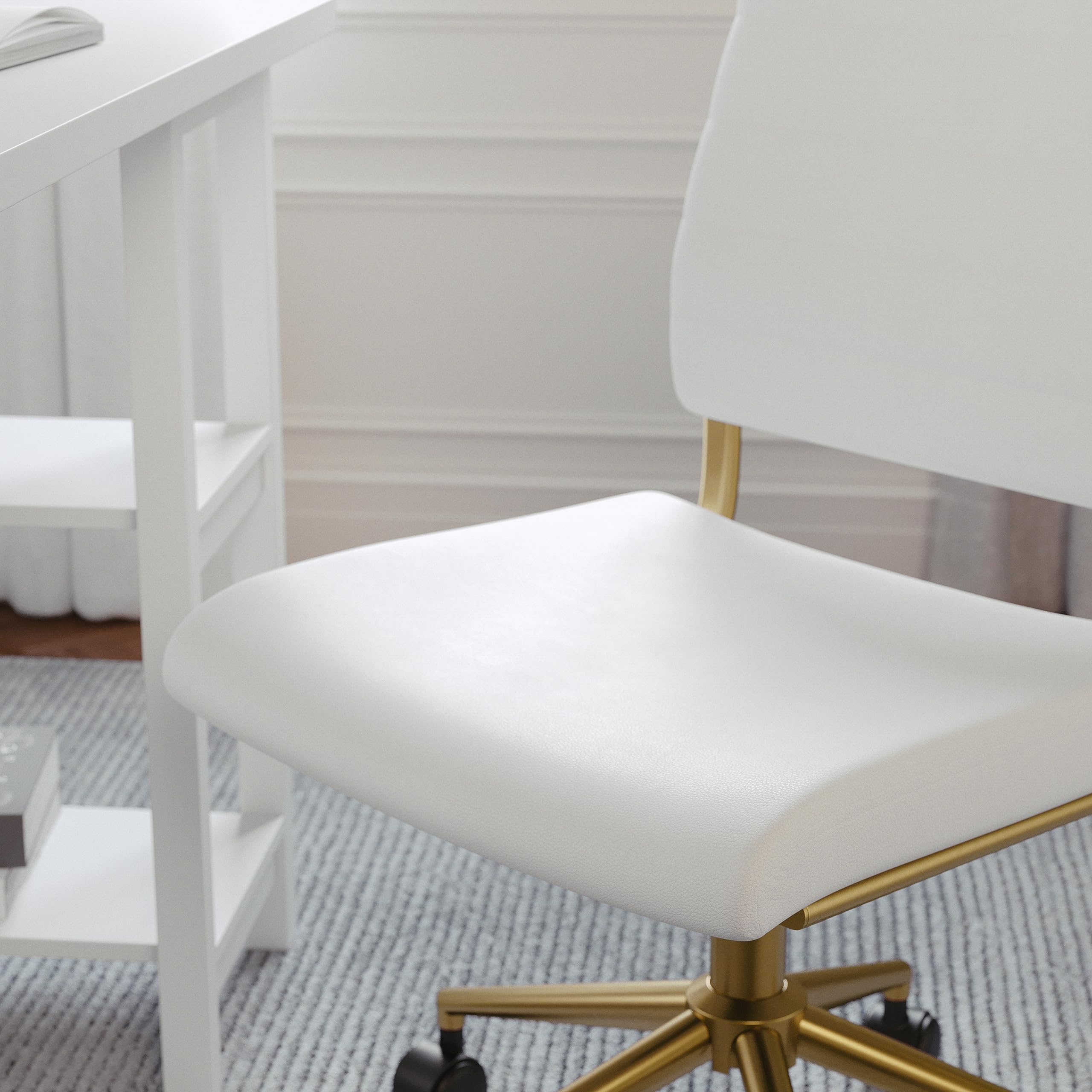 Armless Swivel Task Chair for Home Office in White Faux Leather with Polished Brass Frame