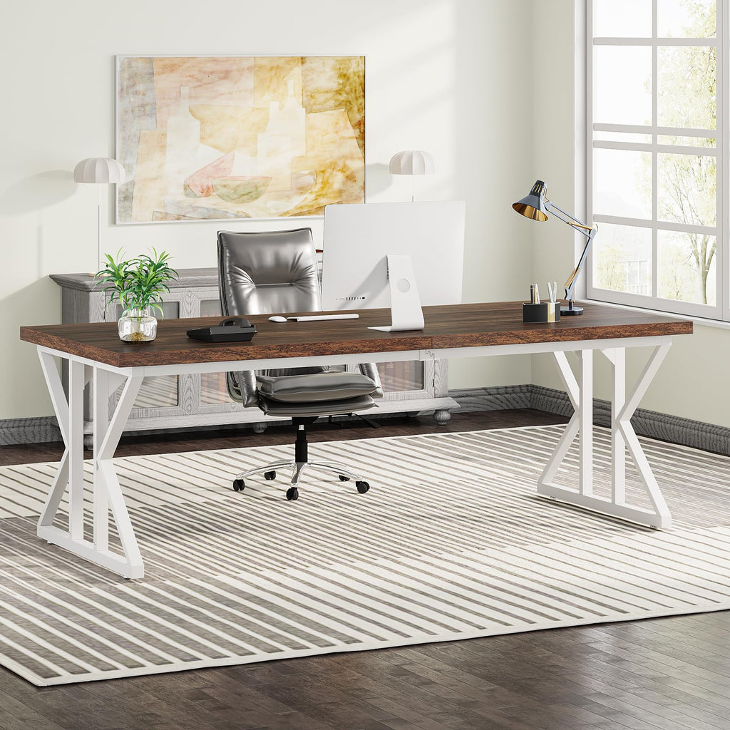 78.7-Inch Executive Desk, Large Computer Office Desk Workstation, Modern Simple Style Laptop Desk Study Writing Table Business Furniture for Home Office (Rustic Brown/White, 78.7 Inch)