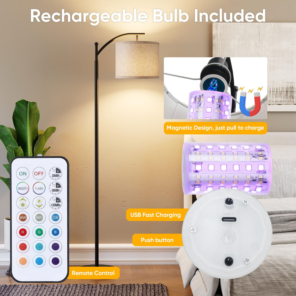 Battery Operated Floor Lamp, RGB Dimmable Cordless Standing Lamp with Remote Control for Living Room, Tall Floor Lamp for Bedroom -Black