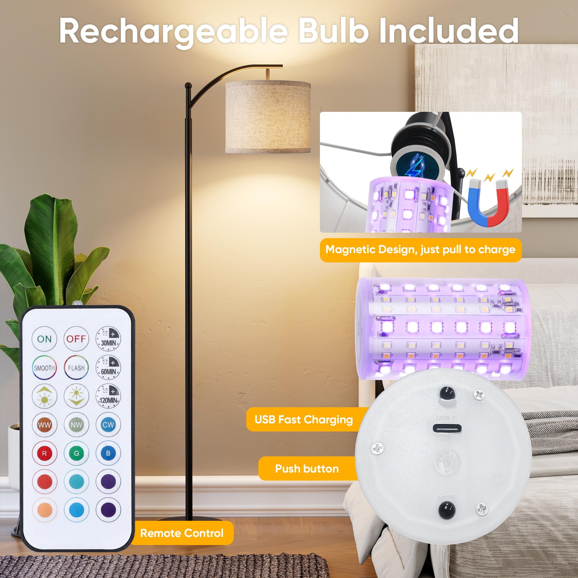 Battery Operated Floor Lamp, RGB Dimmable Cordless Standing Lamp with Remote Control for Living Room, Tall Floor Lamp for Bedroom -Black