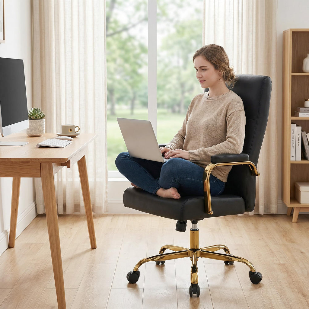 Black and Gold Office Desk Chair,Leather Conference Room Chairs with Wheels,Modern High Back Executive Office Chair with Memory Foam,Ergonomic Swivel Computer Chair for Home Office