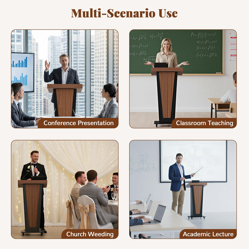 Mobile Podium Stand with Metal Wheels, Wooden Pulpit with 15° Tilted Desktop and Storage Cabinet, Built-in Cable Hole Lectern Desk for Office Classroom Lecture Restaurant Church Presentations
