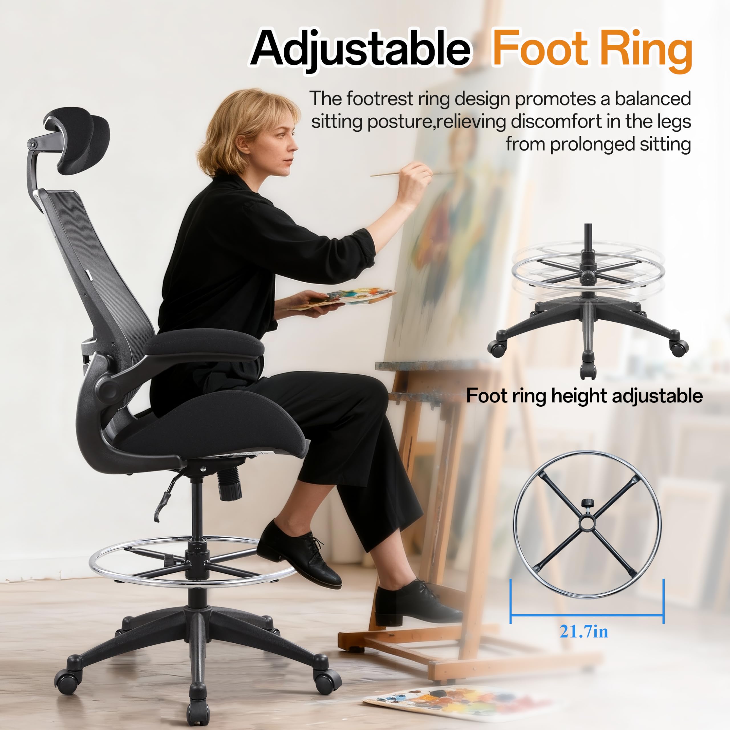Drafting Tall Office Chair 400lbs High Back Wide Standing Desk Chair Comfortable with Flip up Armrests Lumbar Support Adjustable Big Footrest Ring(Black)