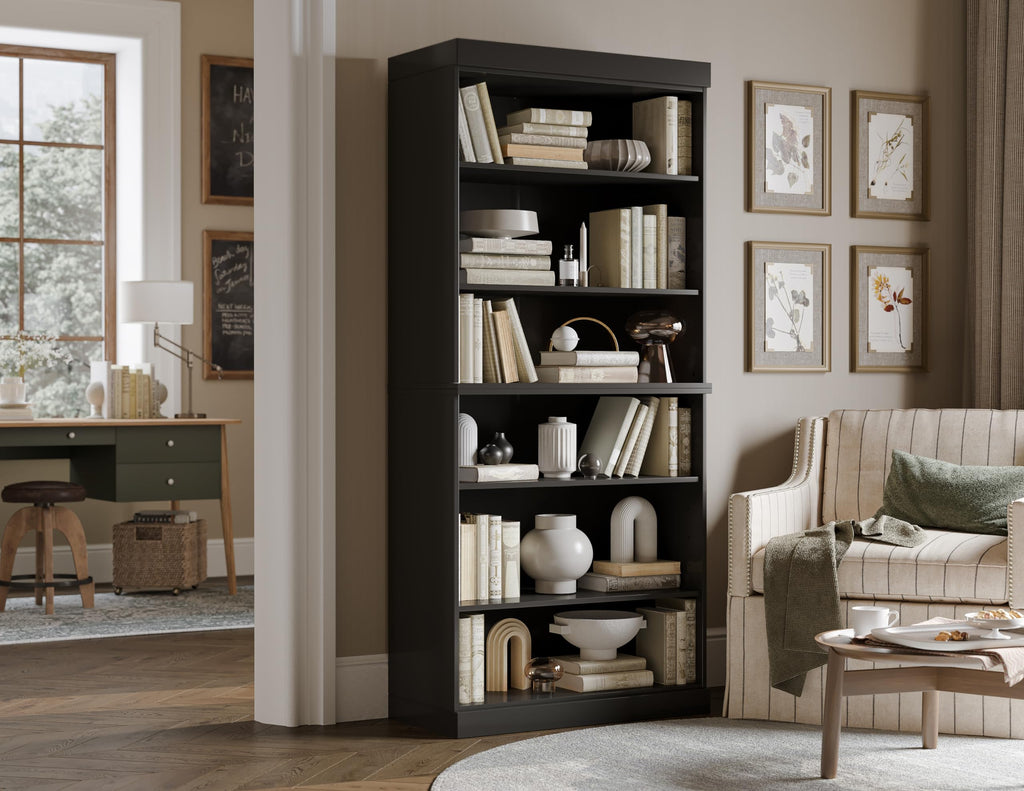 Solid Wood Bookcase - Stackable Modular 6-Tier Bookshelf - 71.5" Tall x 32" Wide - Black, Open Display Shelf for Living Room, Office, Renewable 100% Eco-Friendly Wood, Made in Brazil