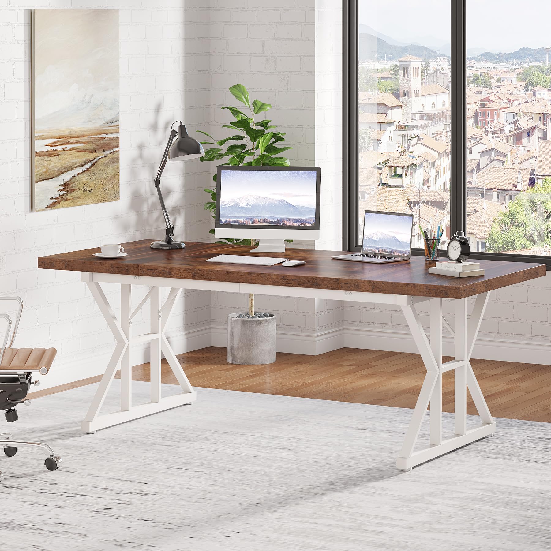 70.8-Inch Executive Desk, Large Computer Office Desk Workstation, Modern Simple Style Laptop Desk Study Writing Table Business Furniture for Home Office (Brown/White, 70.8 Inch)