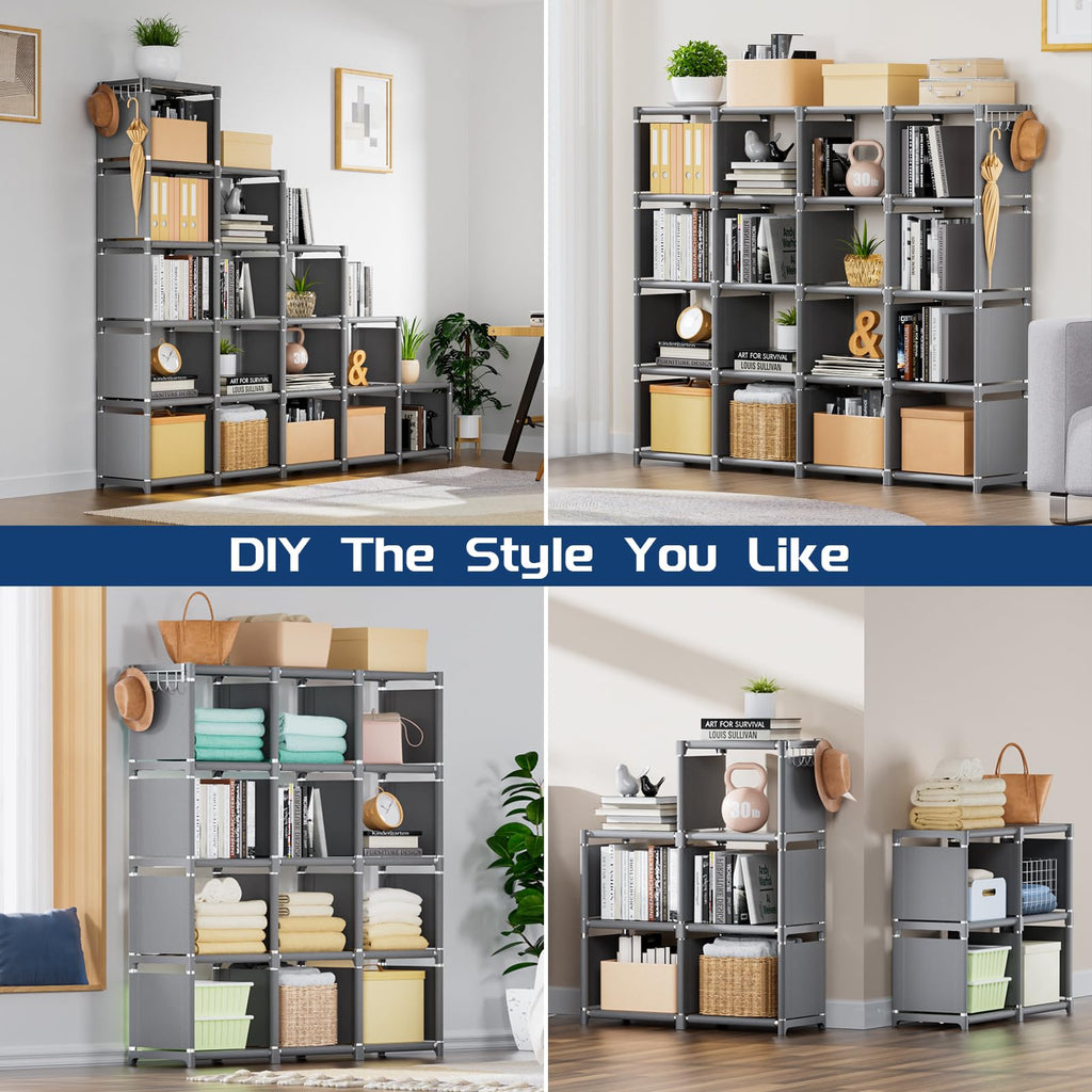Book Shelf, 16 Cube Storage Organizer, DIY Bookcase, Metal Cube Bookshelf,Tall Book case for Bedroom, Living Room,Office,Closet Storage Organizer, Grey Cubicle Storage Rack
