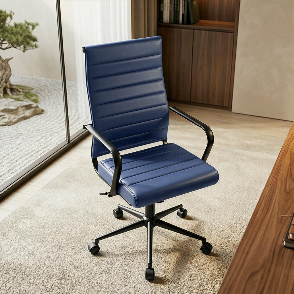Blue Leather Office Desk Chair, Conference Room Chairs Executive Chair Ribbed, Ergonomic Height Adjustable Swivel Rolling Chair for Home Office.