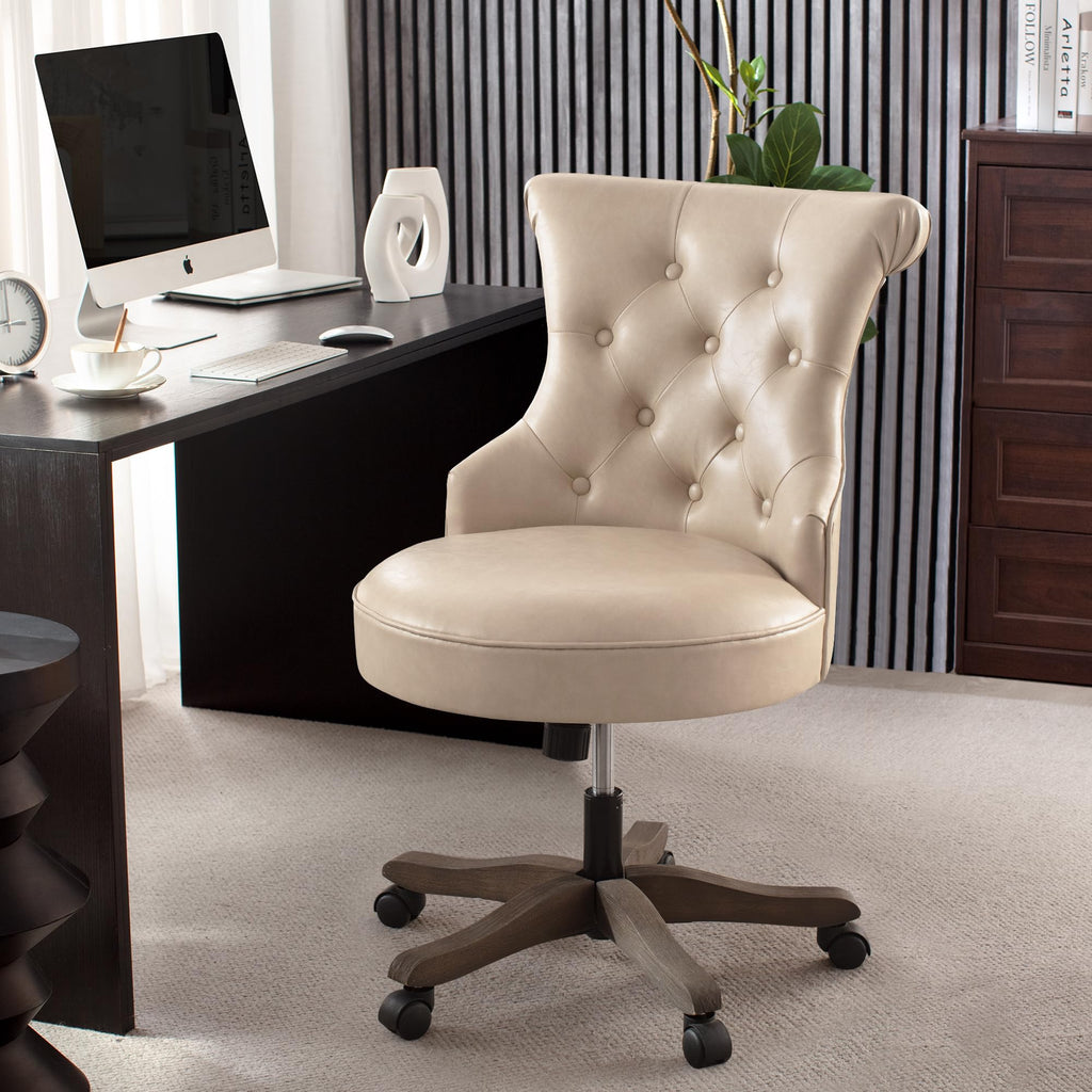 Home Office Chair Upholstered PU Leather Armless Desk Chair with Wheels Adjustable Height Computer Desk Chair with Wooden Legs Comfortable Swivel Chair for Home Office Study Studio (Light Taupe)