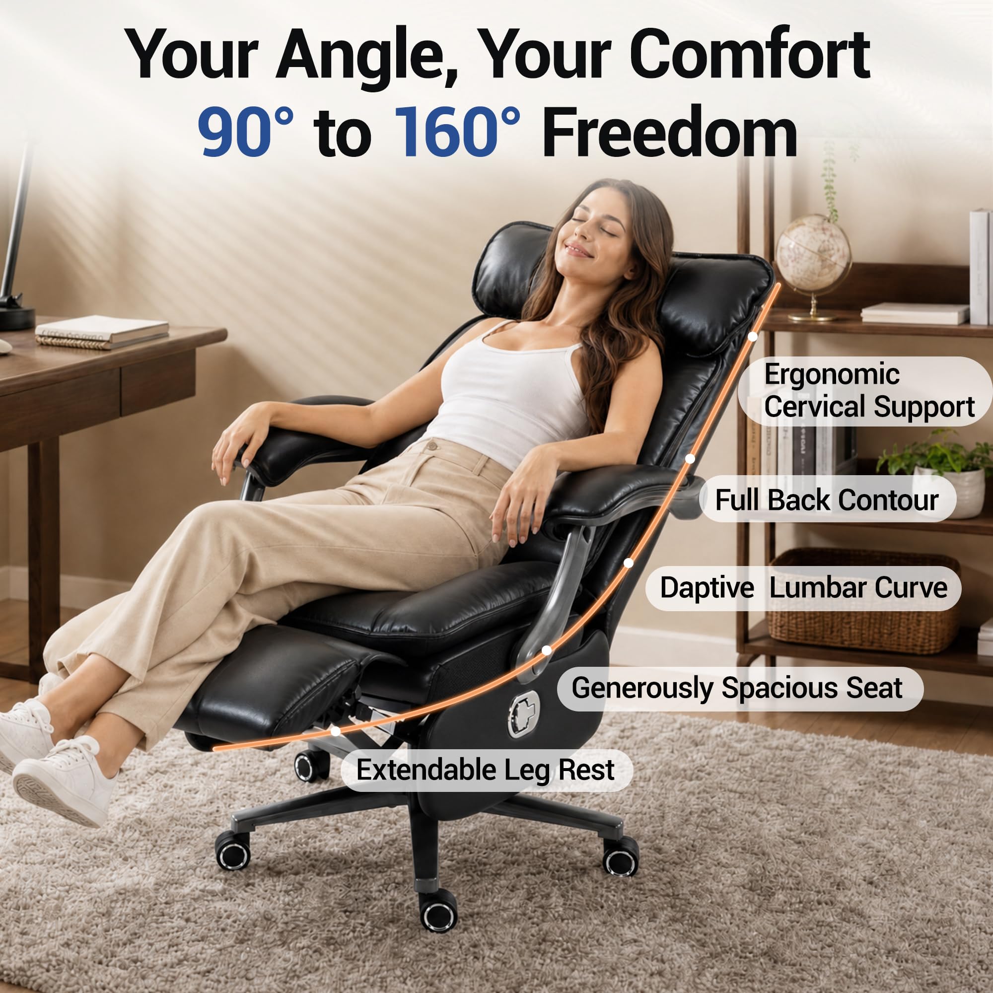 Electric Office Chair with USB Charging, 420lbs PU Leather Power Executive Recliner w/Footrest, High Back Ergonomic PC Chair for Home Office Gaming Boss Room, Black