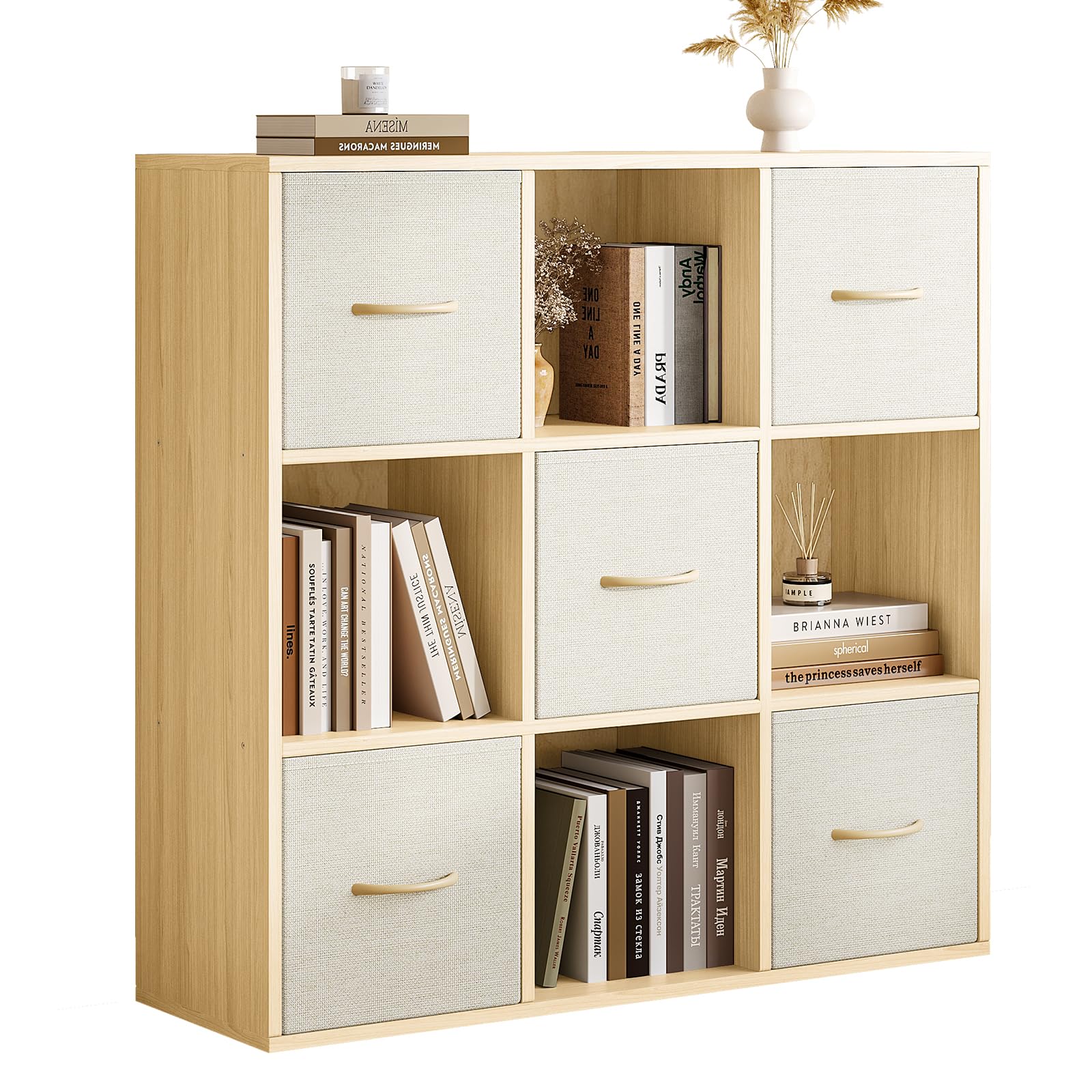 9 Cube Storage Organizer - Solid Wood Bookshelf with 5 Storage Bins, Cube Shelf with 3 Removable Back Panels, Vertical or Horizontal Bookcase, Open Book Shelf for Bedroom, Living Room, Office