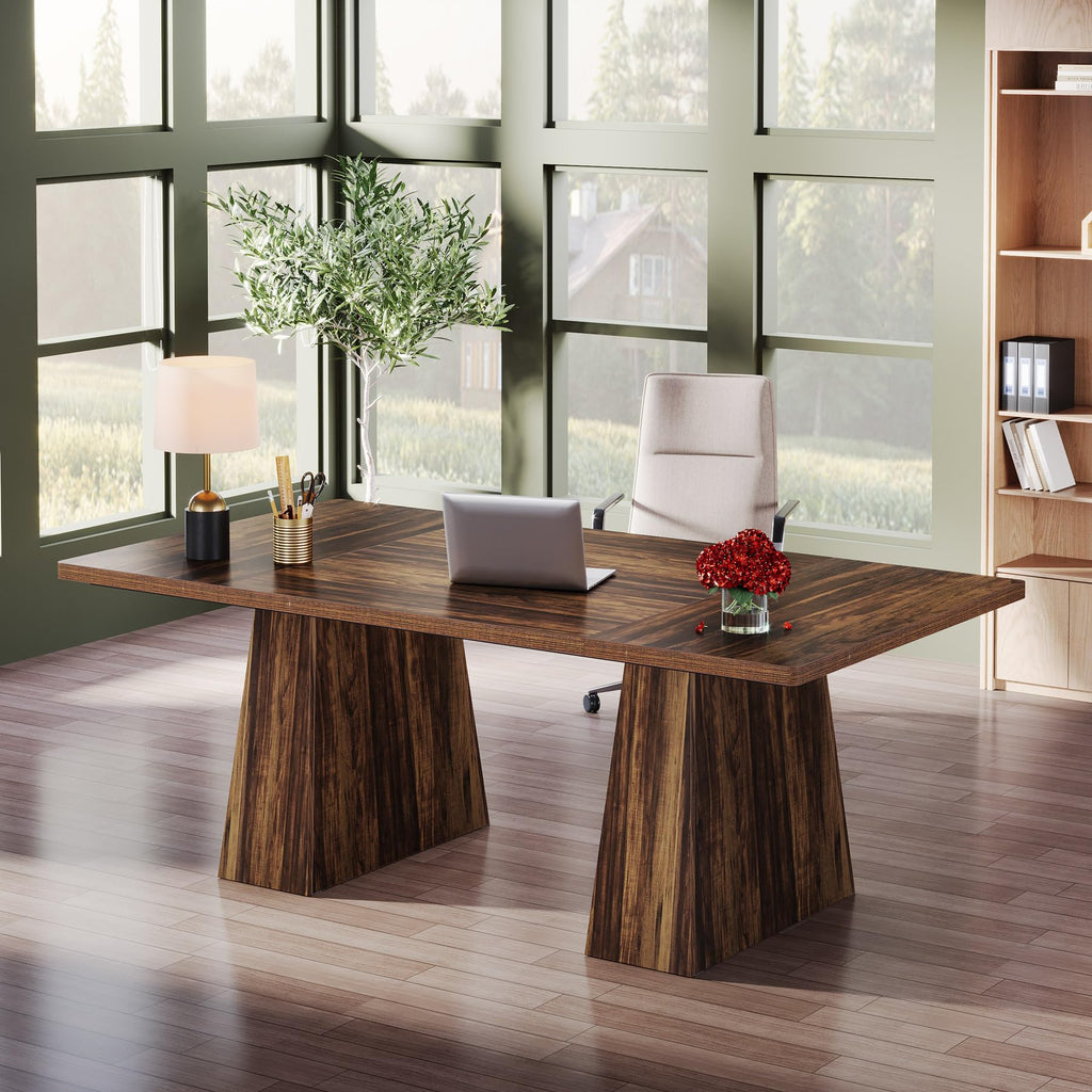 63-Inch Executive Desk, Large Office Computer Desk with Double Pedestal, Modern Simple Workstations Writing Table Conference Table Business Furniture for Home Office, Rustic Brown