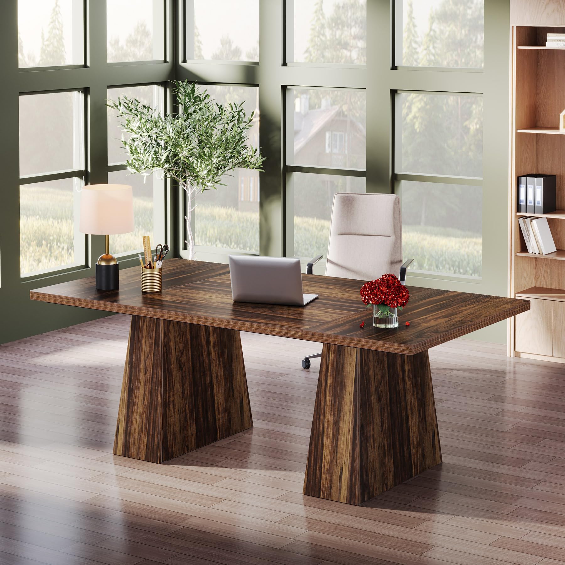 63-Inch Executive Desk, Large Office Computer Desk with Double Pedestal, Modern Simple Workstations Writing Table Conference Table Business Furniture for Home Office, Rustic Brown