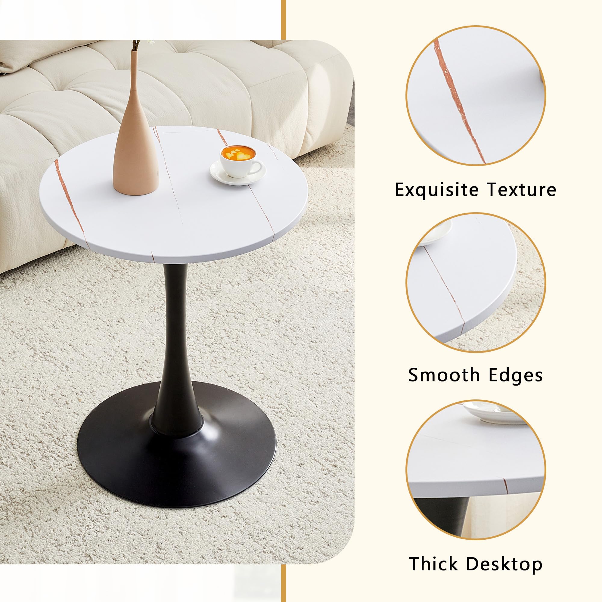 Round Dining Table, 23.6" Circle Tulip Table with Thickened Tabletop & Metal Pedestal, Mid Century Modern Bistro Table for Kitchen, Small Places, Living Room