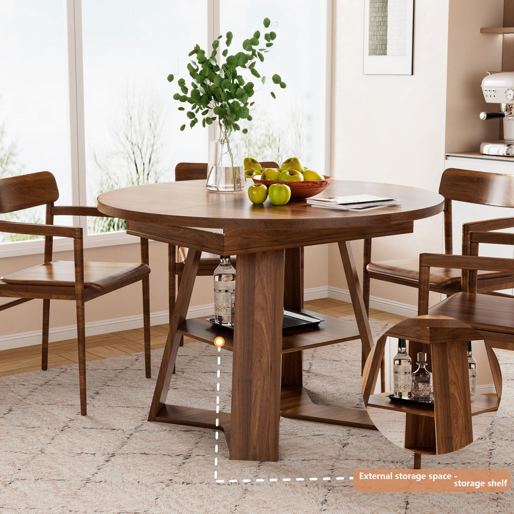 Round Conference Table for 4-6 People,43.3in-59in Extendable Wooden Oval Meeting Room Table with Removable Leaves,Space Saving,Office Table with Storage Shelf for for Office Conference Room (Walnut)