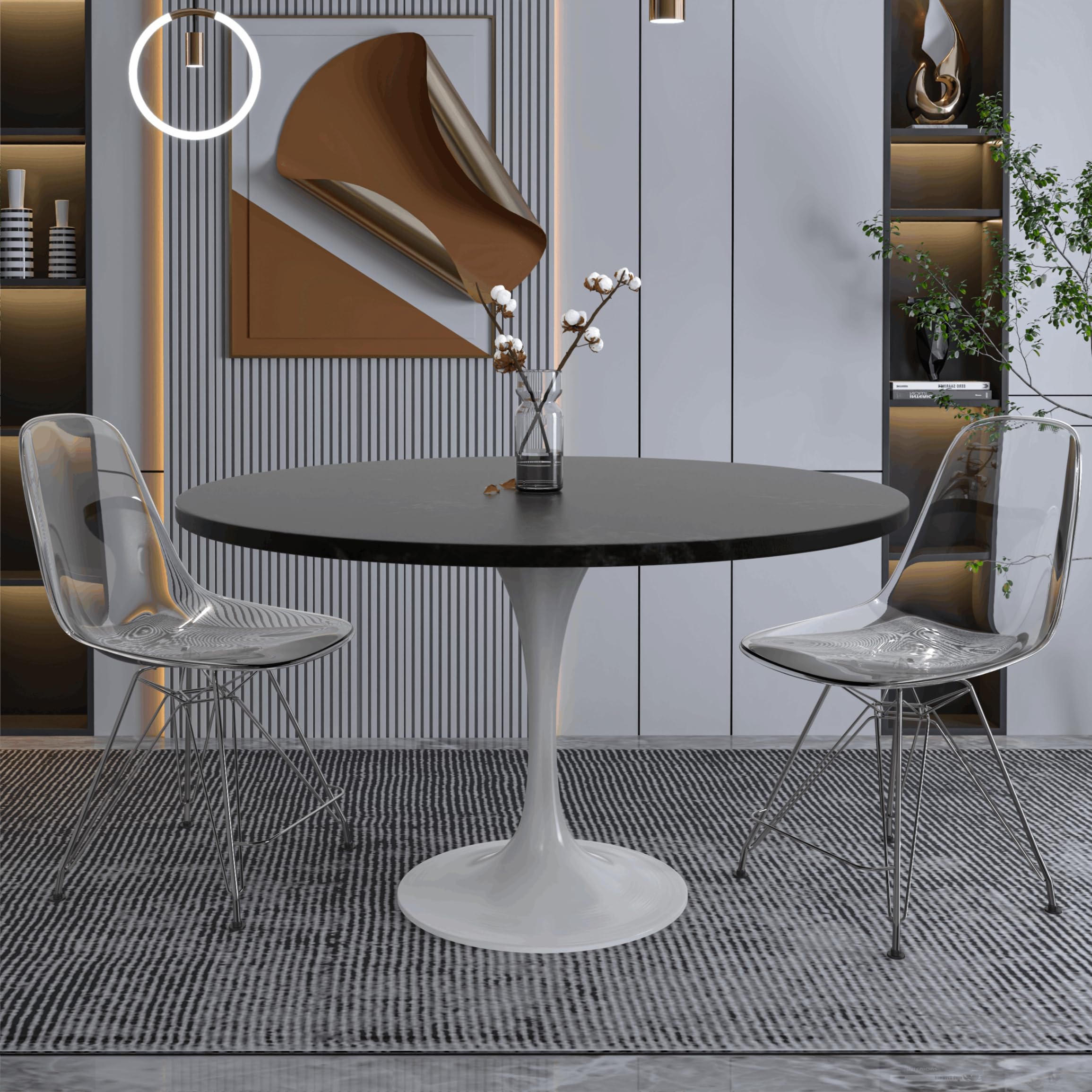 Verve Mid-Century Modern 48 Inch Round Dining Table, MDF Wood Tabletop with White Steel Pedestal Base, Large Pedestal Kitchen & Dining Room Table, Breakfast Nook Table (Black)