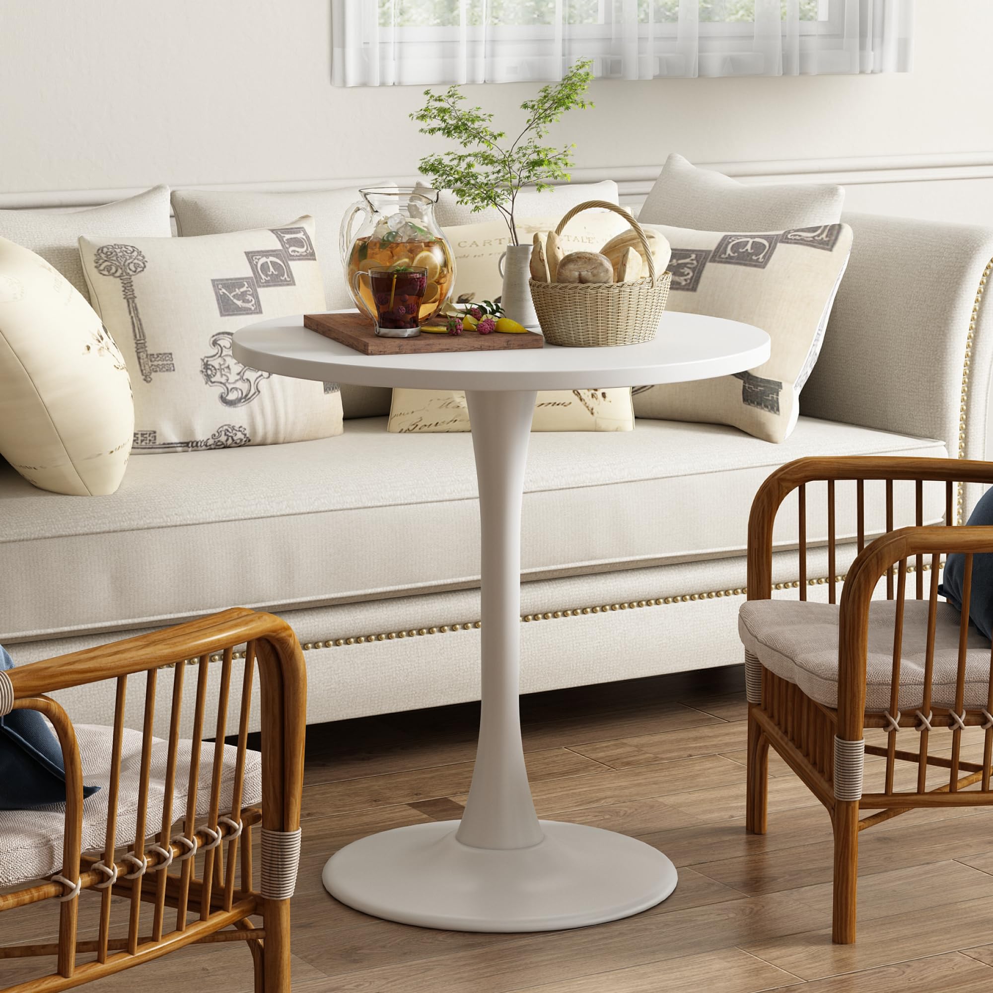Kasinali Round Dining Table 27.5" Circle Tulip Table with Wood Thickened Tabletop & Sturdy Metal Pedestal Mid Century Modern Leisure Bistro Kitchen Tables 4 People Small Places Living Room Cafe,White