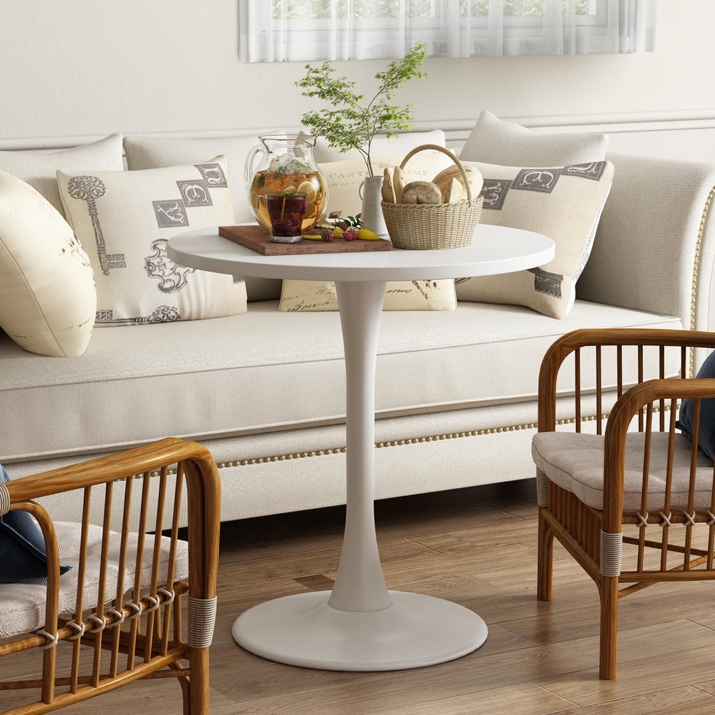 Kasinali Round Dining Table 27.5" Circle Tulip Table with Wood Thickened Tabletop & Sturdy Metal Pedestal Mid Century Modern Leisure Bistro Kitchen Tables 4 People Small Places Living Room Cafe,White
