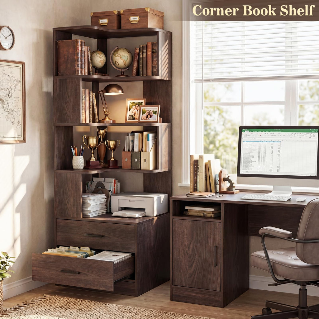 Corner Book Shelf with Drawers, Small Corner Shelf with Drawers