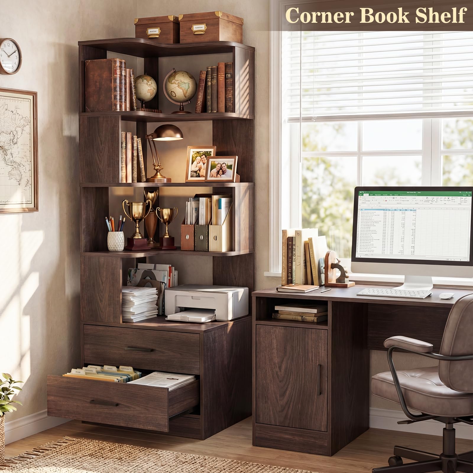 Corner Book Shelf with Drawers, Small Corner Shelf with Drawers