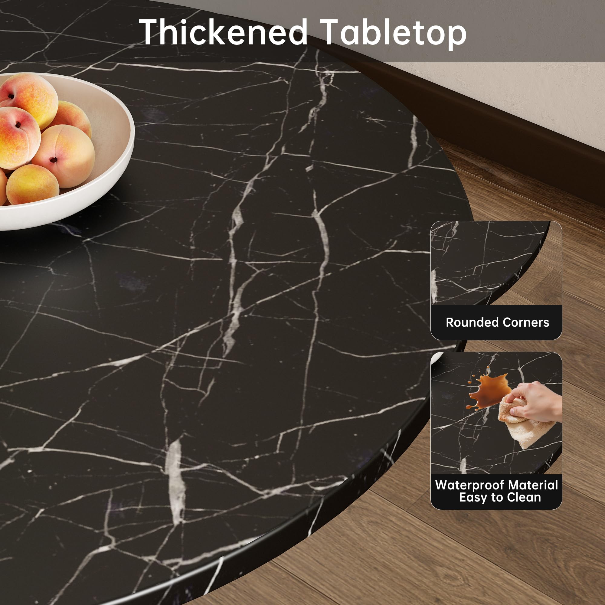 Kasinali Black Marble Round Dining Table 24" Circle Tulip Table with Thickened Tabletop & Sturdy Metal Pedestal Mid Century Modern Leisure Bistro Kitchen Tables 2 People Small Places Living Room Cafe