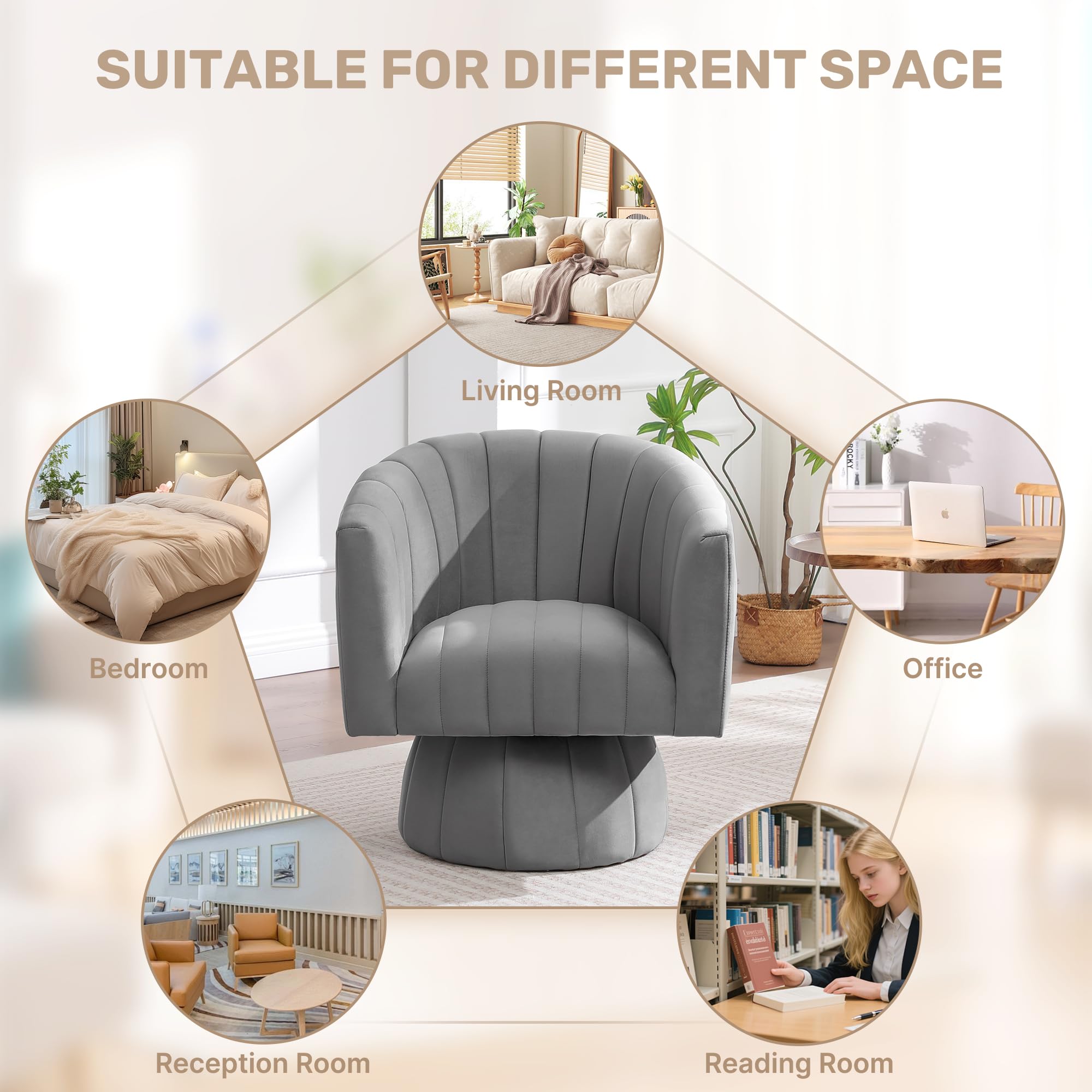 Swivel Accent Barrel Chair, Cute Comfy Small Round 360° Arm Chair. Velvet Sofa Club Reading Chair for Office Living Room Bedroom Grey