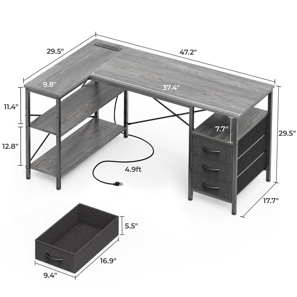 L Shaped Office Desk with Power Outlets, 47 Inch Computer Desk with 3 Drawers, Shelves, for Gaming, Corner Work, Home Office, Study, Grey