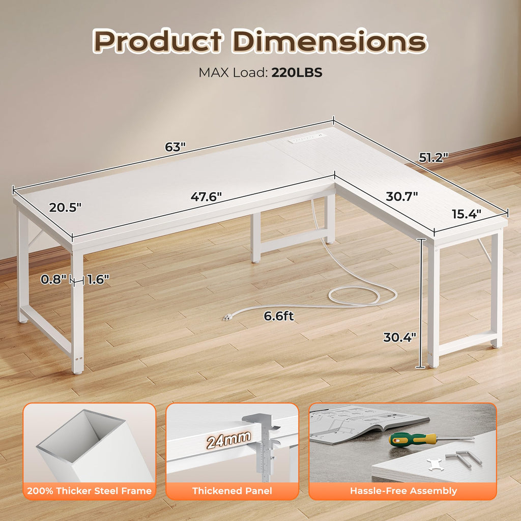 63 Inch L Shaped Desk with Power Outlets and USB-C Port, Reversible Computer, Larger Office Corner Gaming Desk, 0.95 Inch Thicker Desktop, Metal Frame, for Home Office, Study, White