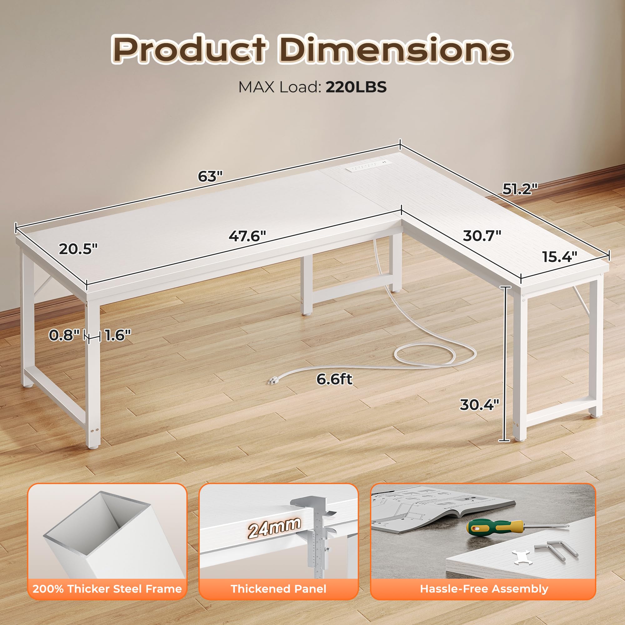 63 Inch L Shaped Desk with Power Outlets and USB-C Port, Reversible Computer, Larger Office Corner Gaming Desk, 0.95 Inch Thicker Desktop, Metal Frame, for Home Office, Study, White