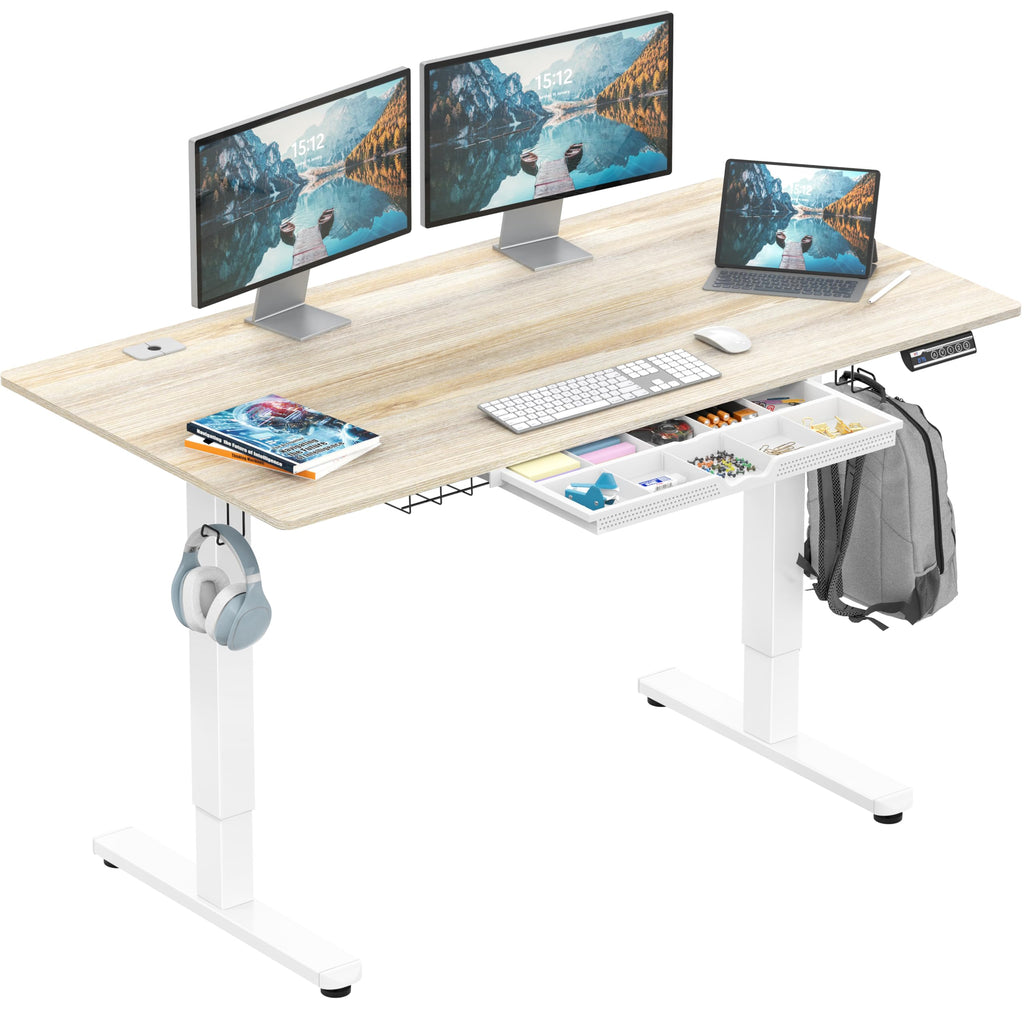 55 x 28 Inches Electric Height Adjustable Standing Desk with Drawer and Memory Preset, Maple