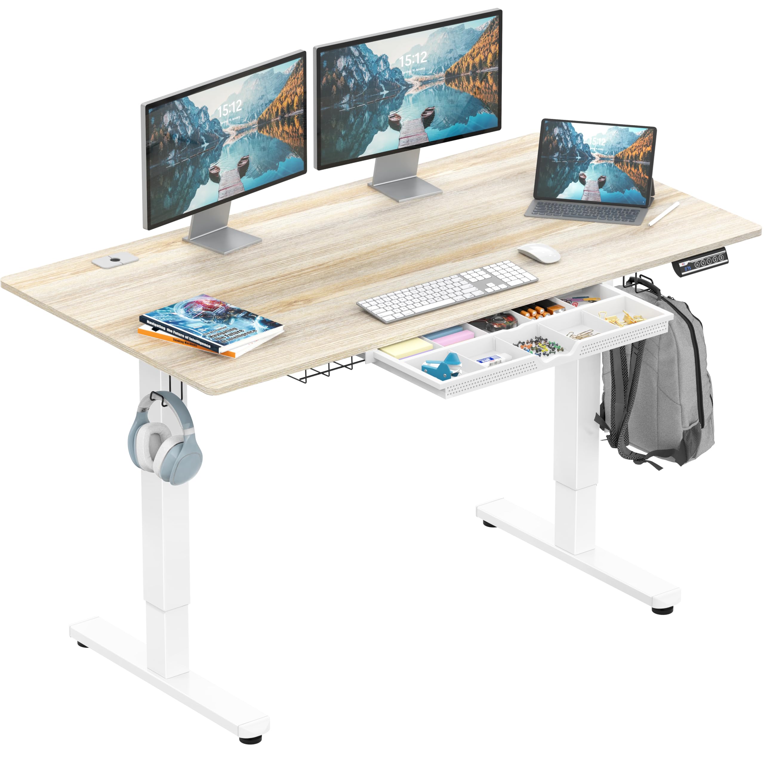 55 x 28 Inches Electric Height Adjustable Standing Desk with Drawer and Memory Preset, Maple