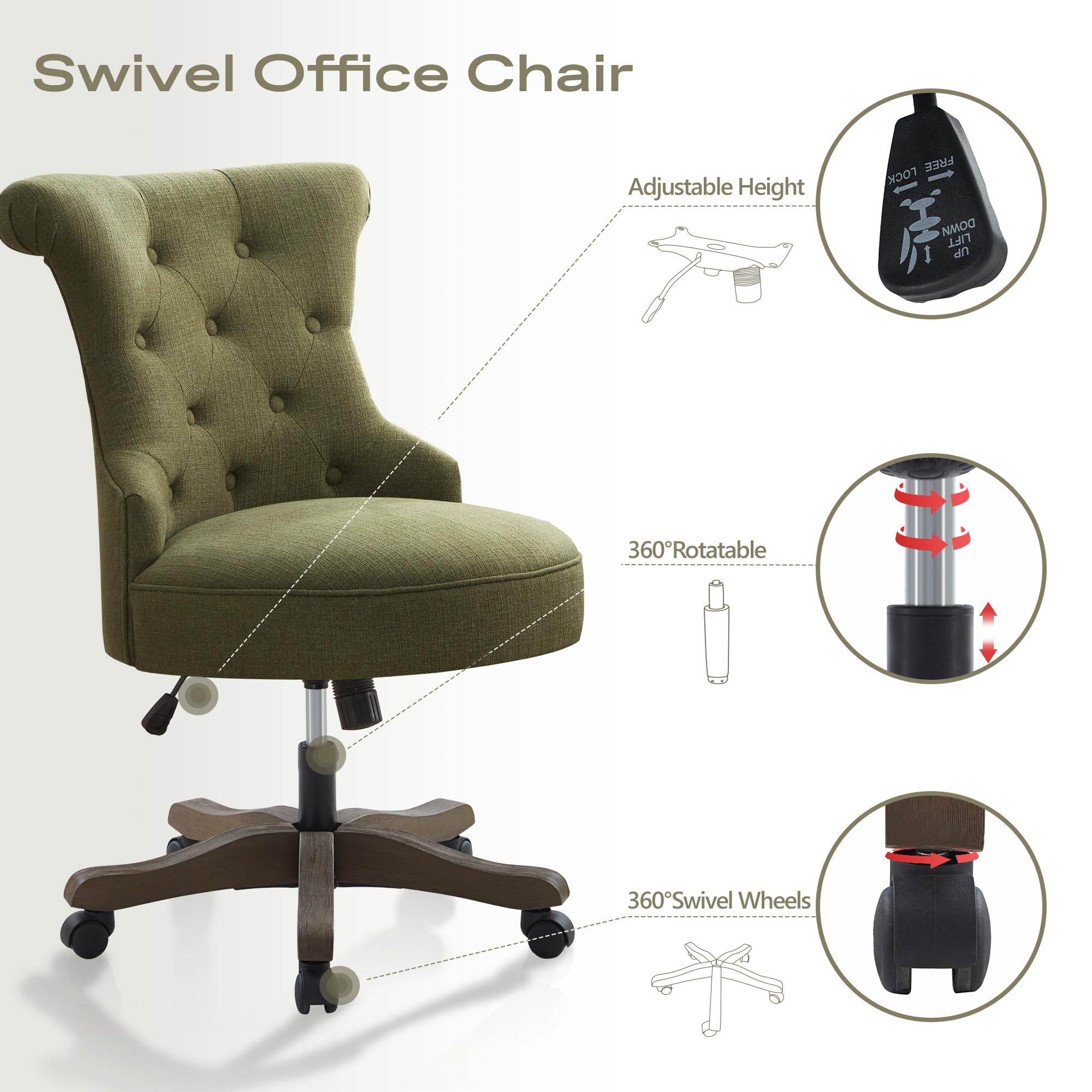 Home Office Chair Upholstered Armless Desk Chair with Wheels Adjustable Height Computer Desk Chair with Wooden Legs Comfortable Swivel Chair for Home Office Study Studio (Green)