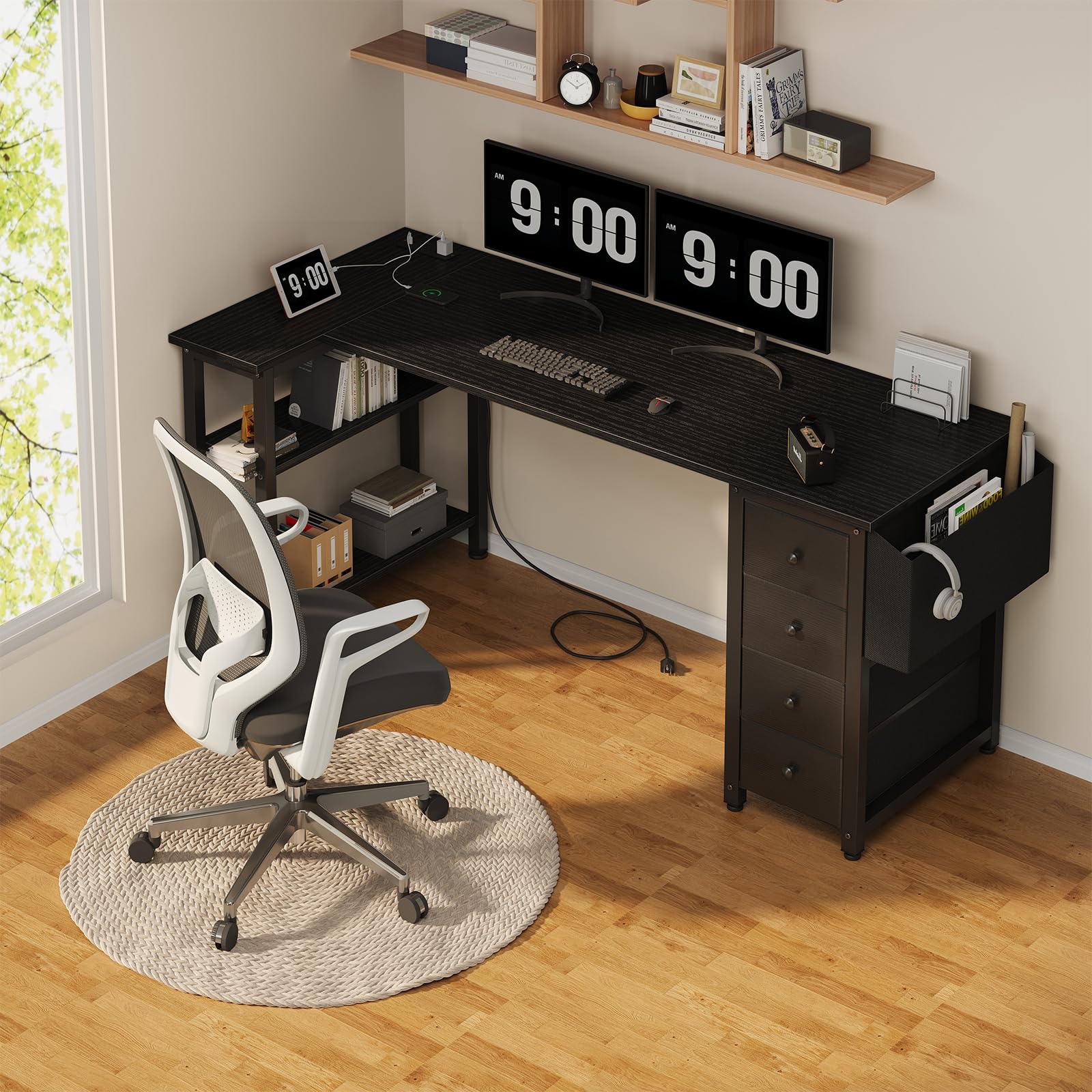 L Shaped Gaming Desk with Drawers & Storage Shelves, 63 Inch Corner Computer Desk with Power Outlet for Home Office Bedroom, L-Shaped Teen PC Desks with Fabric Drawer, Black