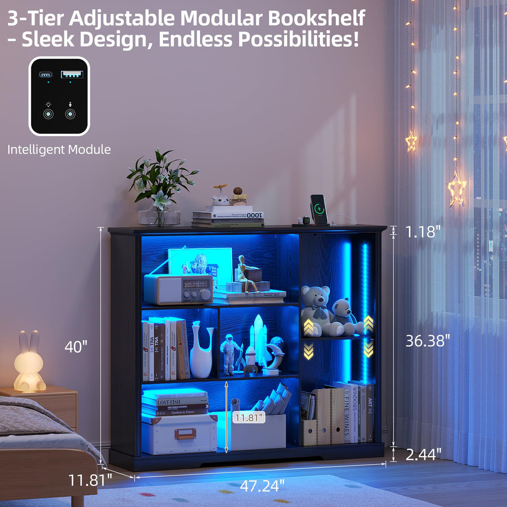 LED Display Bookcase with 3 Tiers and USB Charging - Black