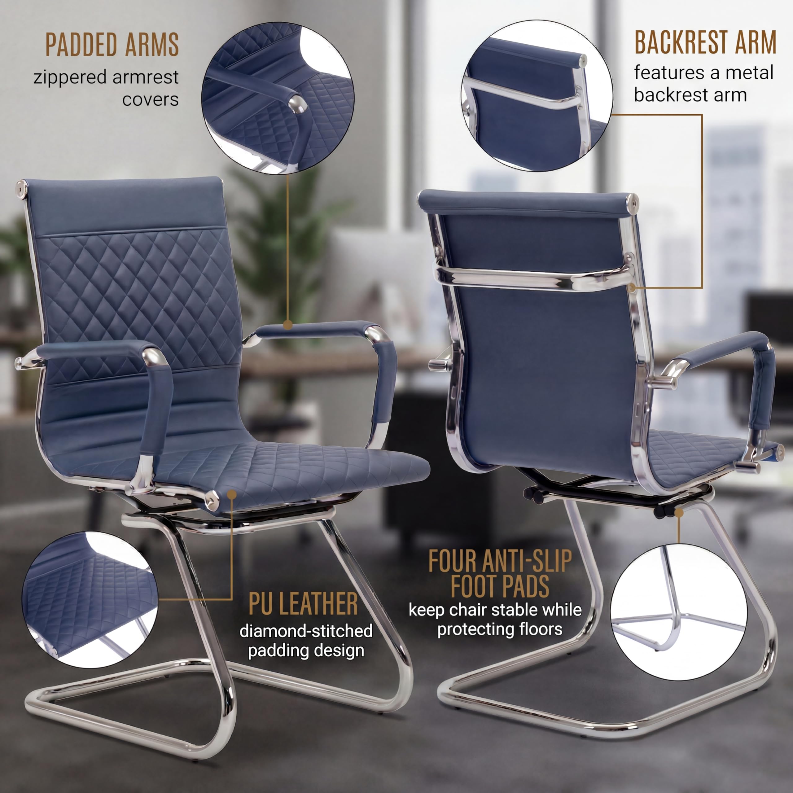 Office Desk Chair No Wheels Set of 6 - PU Leather Chairs with Arms - Conference Room Chairs 400LB Capacity Sled Base, Reception Chair for Home Office, Lobby, School Navy Blue