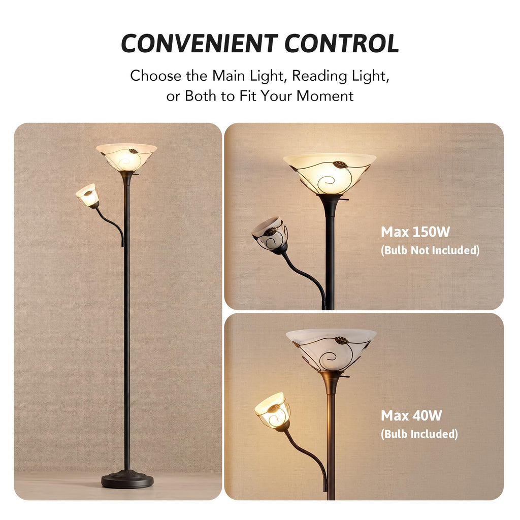 Torchiere Floor Lamp with Side Reading Light, 3-Way Switch Combo Antique Bronze Mother Daughter Floor Lamp with Glass Shade, 71" Desk Floor Lamp for Living Room Corner Bedroom Home Office