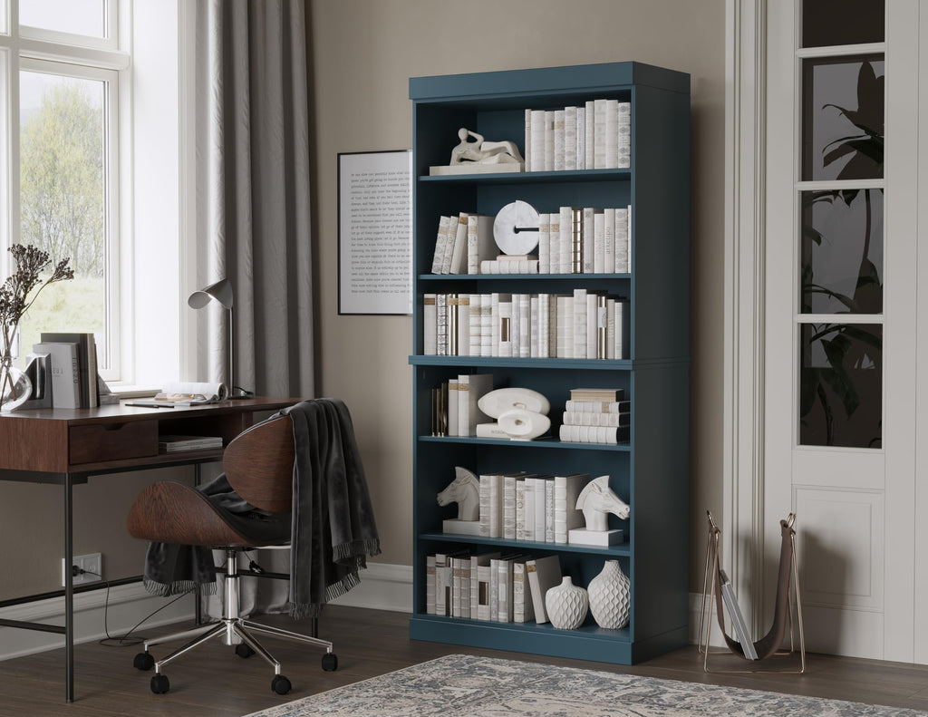 Solid Wood Bookcase - Tall 6-Tier Stackable Modular Bookshelf - 71.5" x 32” W - Teal Blue, Open Display Shelf for Living Room & Office Renewable 100% Eco-Friendly Wood, Made in Brazil