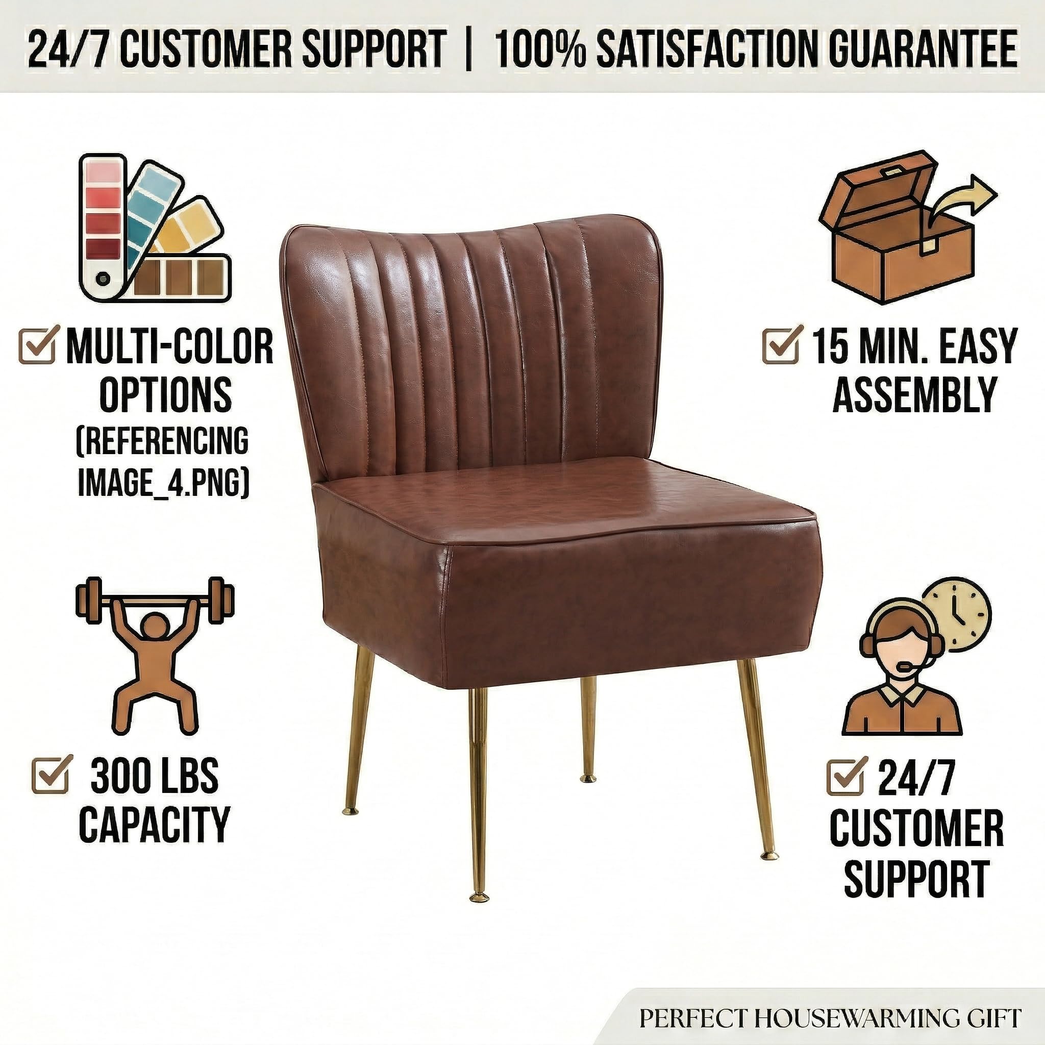 Modern Leather Accent Chairs Set of 6, Vintage Slipper Chair with Heavy Duty Iron Frame & Gold Legs, Mid Century Side Sofa Chair for Living Room Office(Brwon)