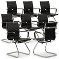 Office Chairs Set of 8 - PU Leather Desk Chair No Wheels with Arms - 400LB Capacity Sled Base Waiting Room Chairs, Modern Conference Chair for Home Office, Lobby, School Black