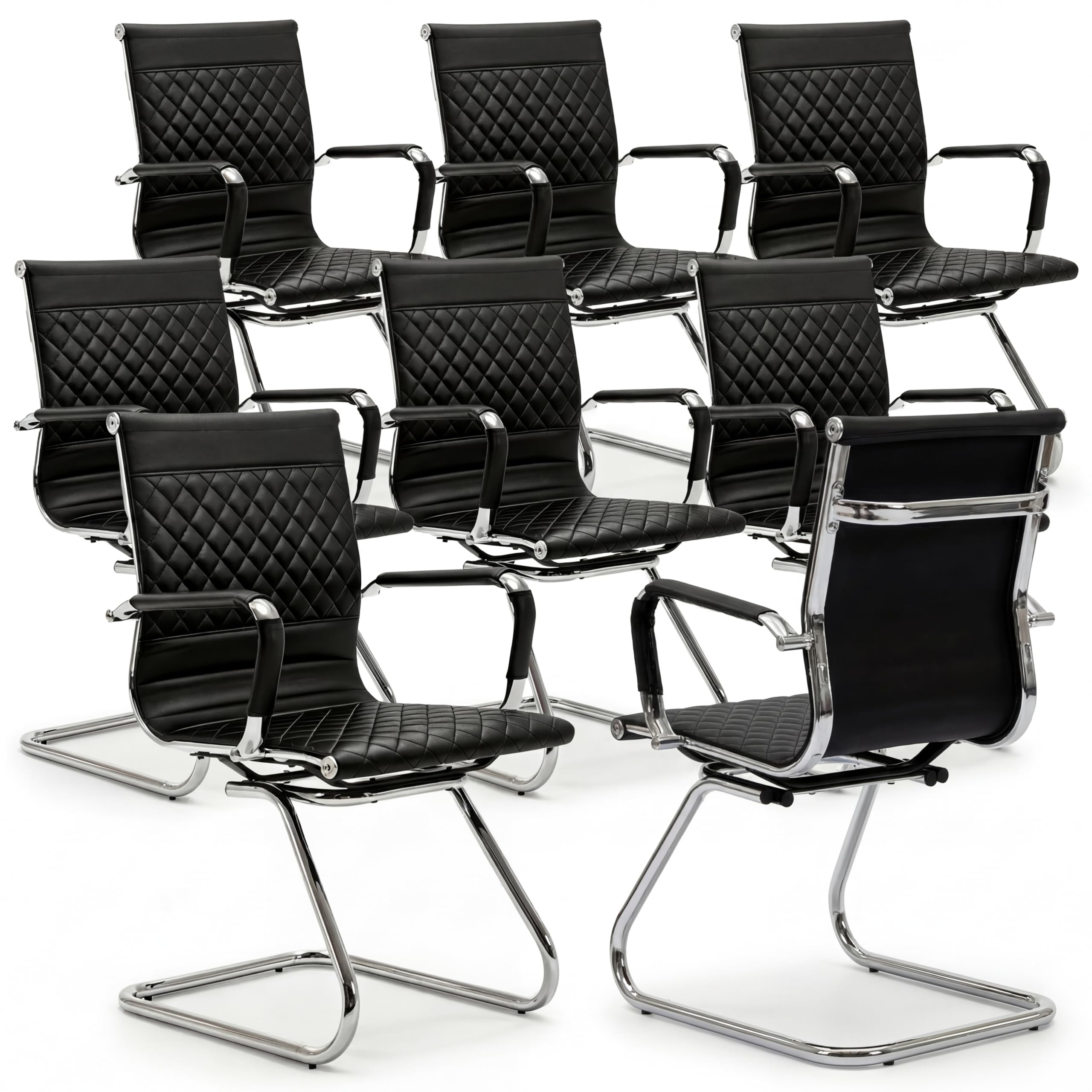Office Chairs Set of 8 - PU Leather Desk Chair No Wheels with Arms - 400LB Capacity Sled Base Waiting Room Chairs, Modern Conference Chair for Home Office, Lobby, School Black