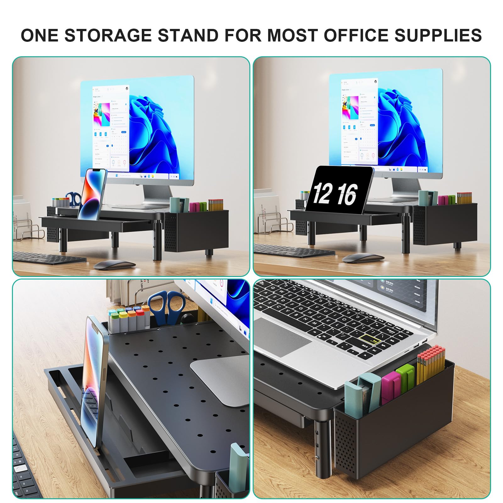 Computer Monitor Stand with Storage, Desk Organizer with Drawer and Pen Holder, Desk Monitor Riser 3 Height Adjustable, Laptop Riser for Computer, Laptop, Printer(PTT003-B), 1 Pack, Black