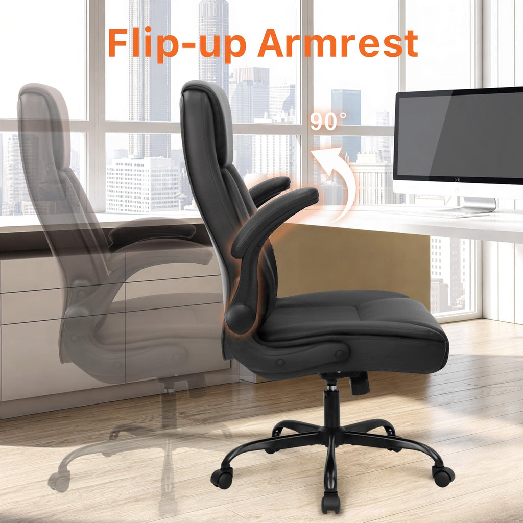 Office Desk Gaming Computer Home Chair Ergonomic Executive High Back Support Flip-up Arms Adjustable Height Swivel Rolling Wheels Comfy PU Leather (Black)