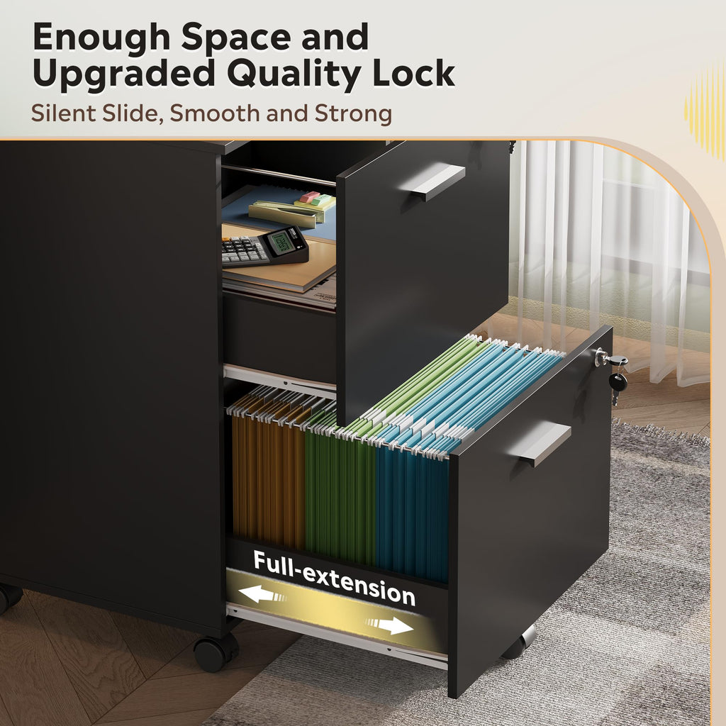 2 Drawer Wood File Cabinet with Lock, Mobile Printer Stand, Black