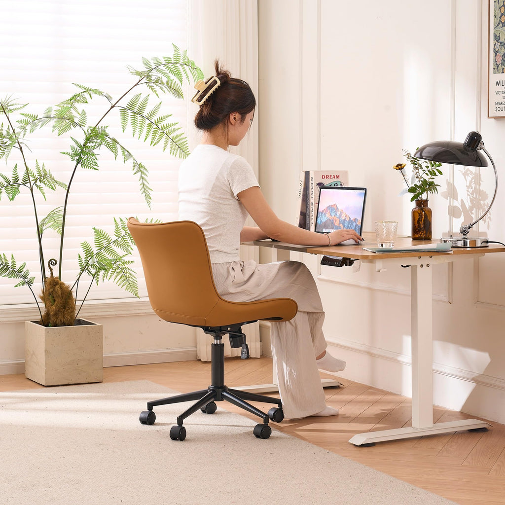 Ergonomic Home Office Chair with Wheels Comfy Armless Desk Chair with Back Adjustable Height Modern Leather Upholstered Swivel Vanity Chair Small Cute Rolling Task Computer Chair Tan