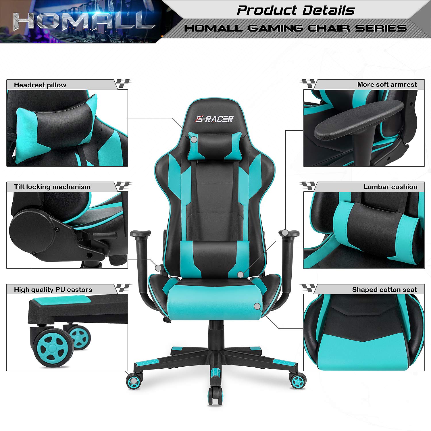 Gaming Chair, Office Chair High Back Computer Chair Leather Desk Chair Racing Executive Ergonomic Adjustable Swivel Task Chair with Headrest and Lumbar Support(Cyan)