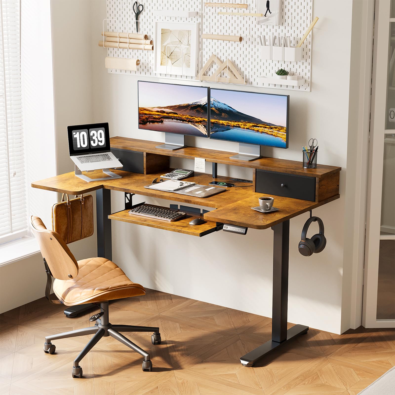 U Shaped Electric Standing Desk with Drawers, 55 Inch Height Adjustable Desk with Keyboard Tray ＆ Ergonomic Monitor Stand, Sit Stand Table with Power Outlets for Home, Office, Rustic Brown