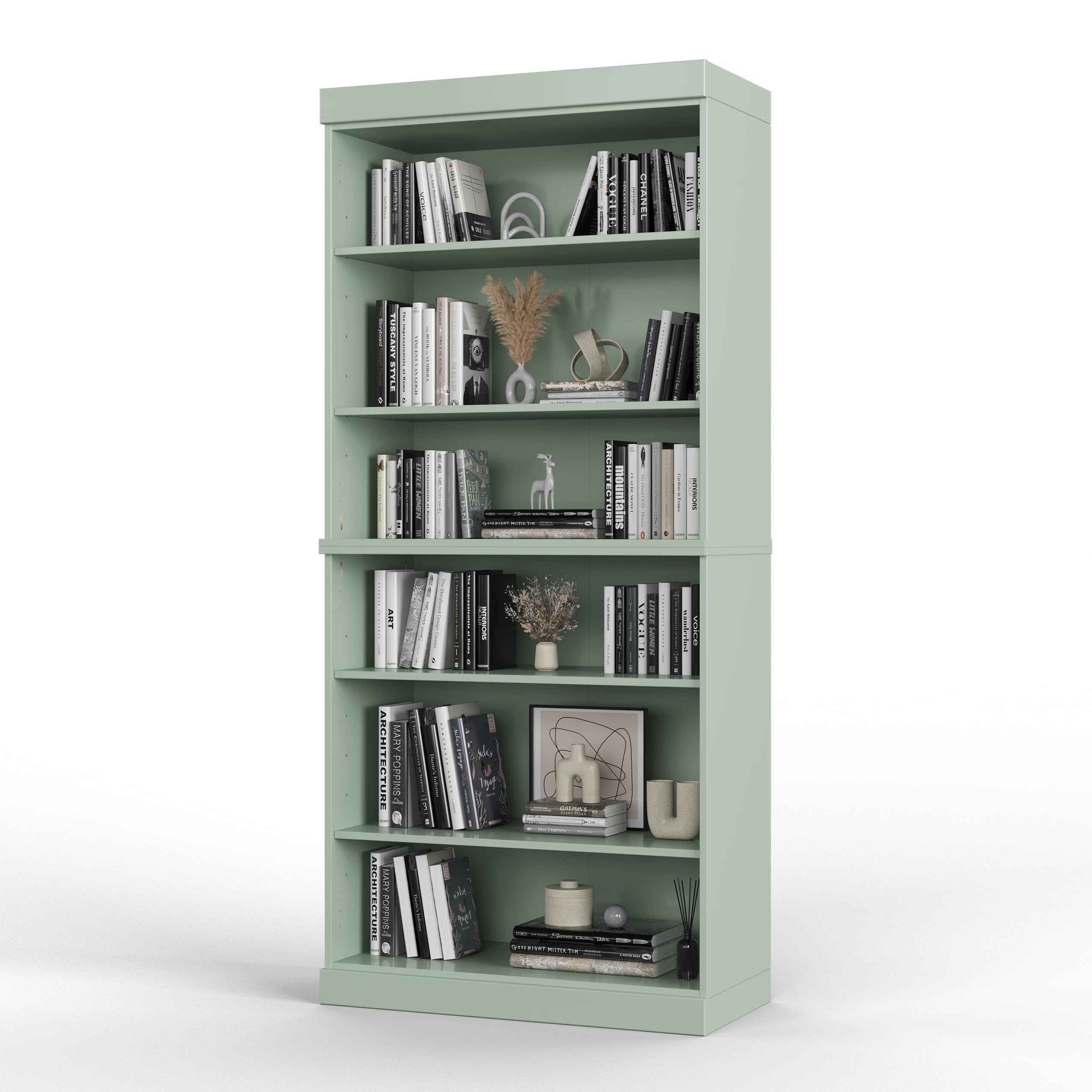 Solid Wood Bookcase - Stackable Modular 6-Tier Bookshelf - 71.5" Tall x 32" Wide - Sage, Open Display Shelf for Living Room, Office, Renewable 100% Eco-Friendly Wood, Made in Brazil