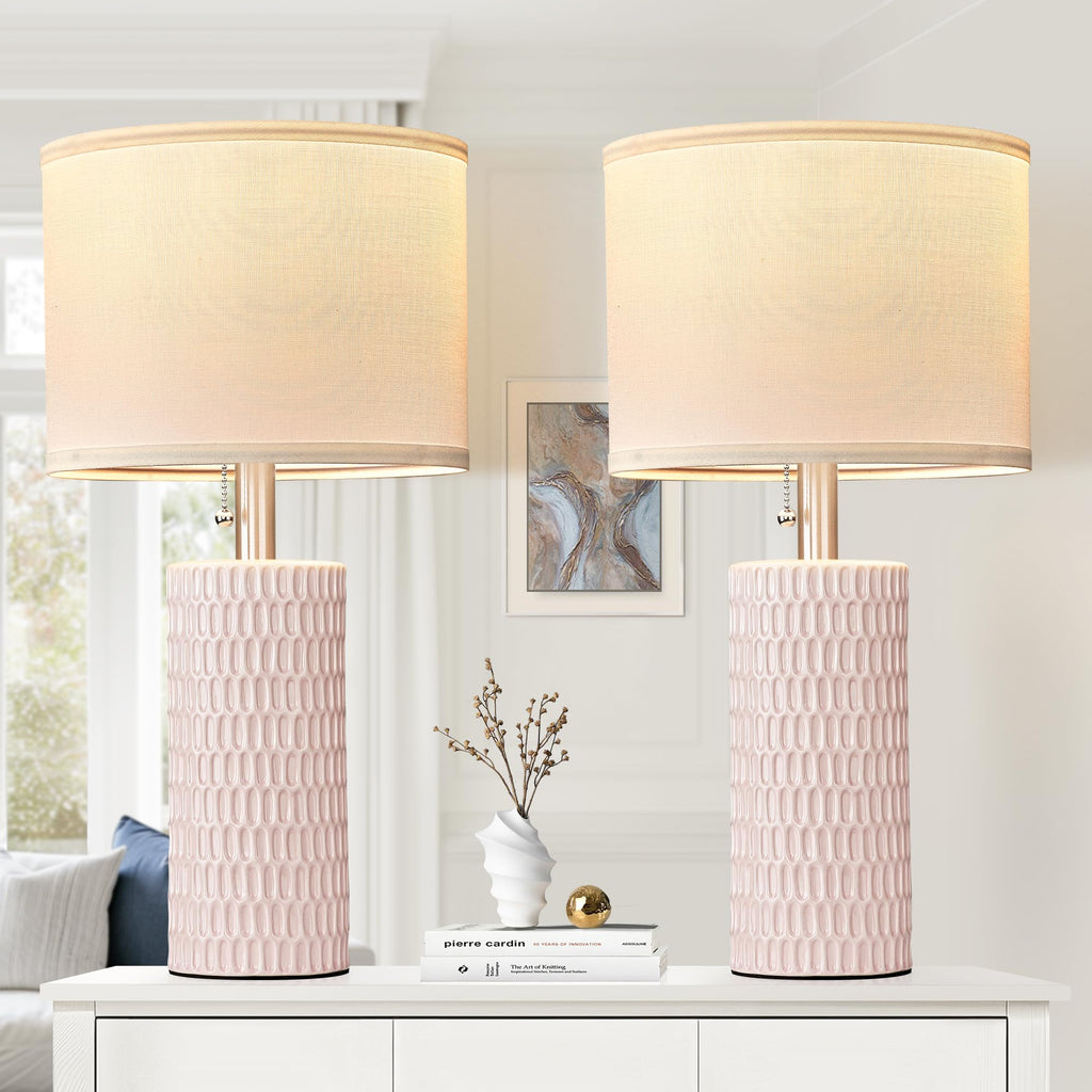 Modern Ceramic Table Lamps Set of 2, Lamps for Nightstands, Pink