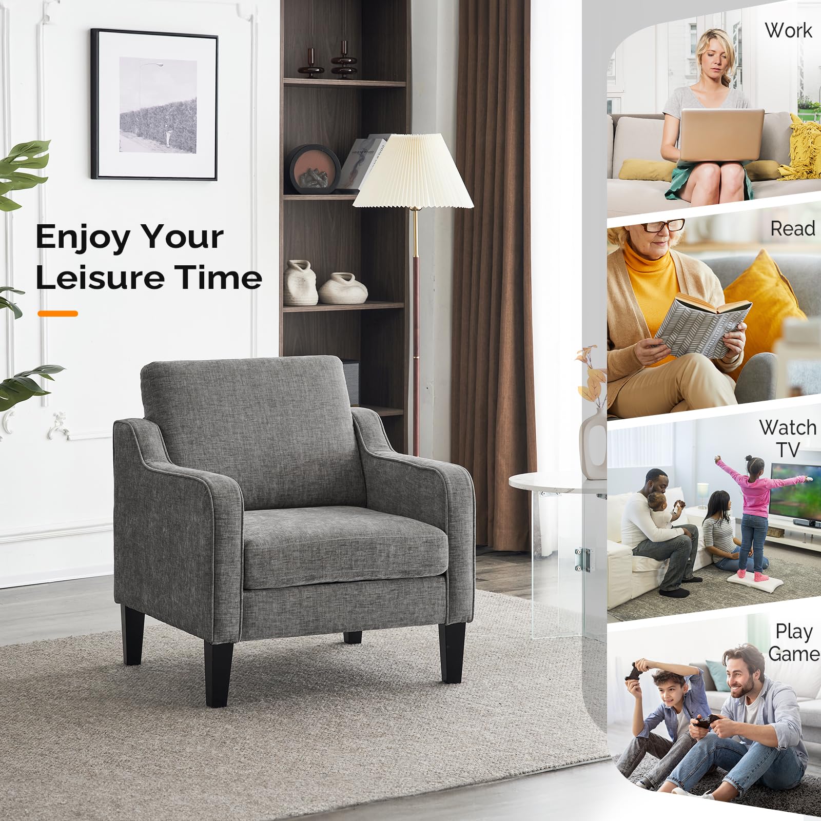 Mid Century Modern Accent Chair - Soft Chenille Upholstered Comfy Armchair for Living Room, Bedroom, Home Office, Apartment, Studio (Light Grey)